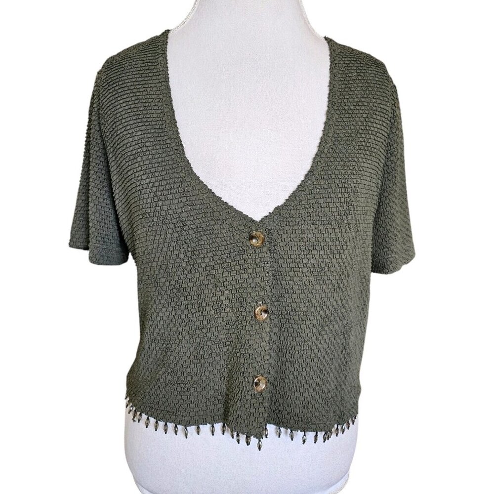 Vintage 90s Womens Dark Green Short Sleeve Cardigan Textured Beaded Semi Cropped